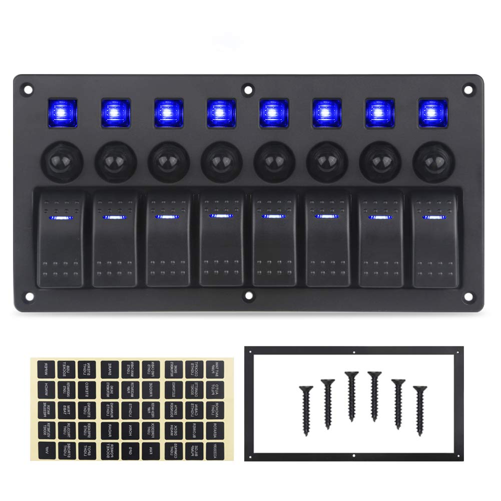 Photo 1 of Marine Boat Panel 8 Gang ON-Off Ignition 3 Pin Waterproof Toggle Rocker Switch Panel 12V/24V Circuit Breaker LED Indicator for RV Vehicle Truck Trailer Yacht (Blue)