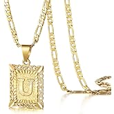 KissYan Initial Letter Pendant Necklace for Men Women, 14K Gold Plated Square Capital Monogram Necklace Alphabets from A-Z Fi