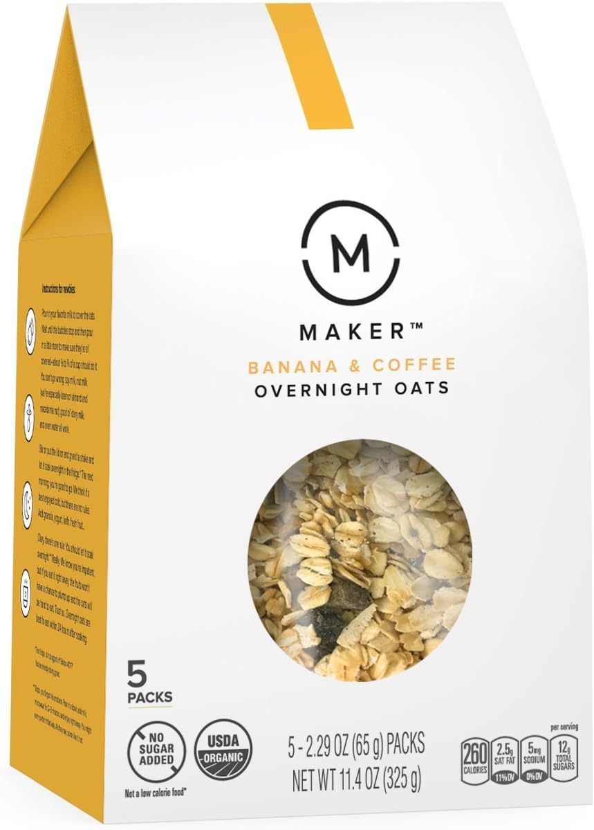Maker Overnight Oats, Banana & Coffee Organic, No Sugar Added, 5 Single-Serve Pouches