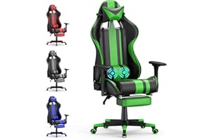 Soontrans Green Gaming Chair with Footrest, Leather Ergonomic Gaming Chairs for Adults with Massage Lumbar Support & Headrest for Office Work, Comfortable Computer Chair