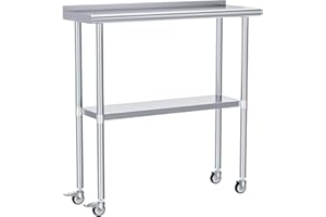 HOCCOT Stainless Steel Prep & Work Table with Adjustable Shelf, Backsplash and Wheels, Kitchen Island, Commercial Workstations, Utility Table in Kitchen Garage Laundry Room Outdoor BBQ, 14" X 36"