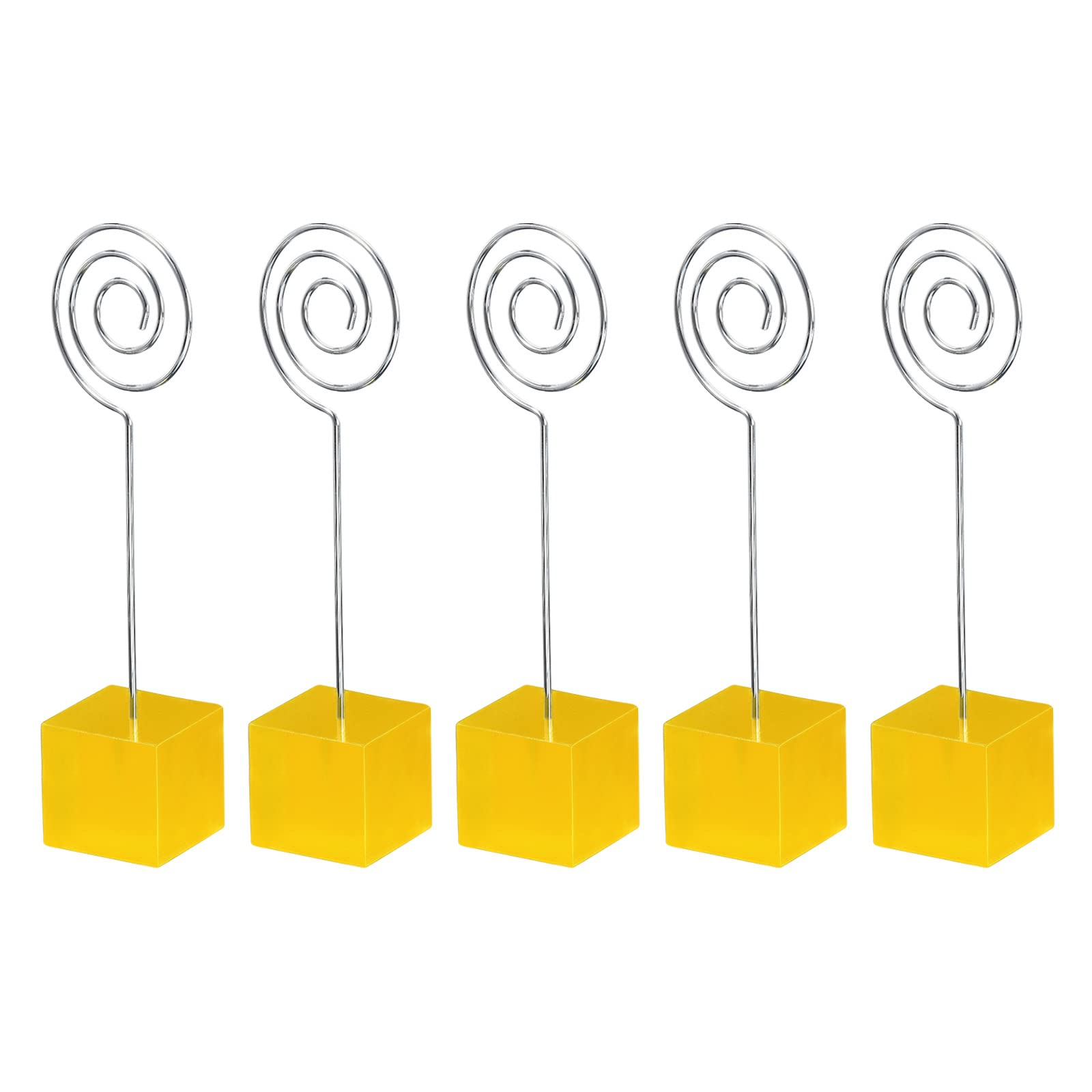 PATIKIL Resin Cube Base Picture Card Holder, 5 Pack Circle Shape Metal Clip Wire Clip Note Table Stand Holder for Party Meeting Wedding Displaying, Yellow