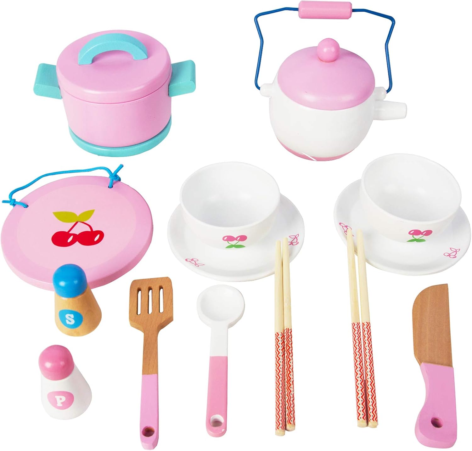 Wooden Tea Set for Little Girls , Pretend Food Play Kitchen Toy for Toddlers Great Pink Kids Tea Party Set Gift for 2 3 4 5 Year Old Girls and Boys