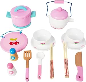 Wooden Tea Set for Little Girls , Pretend Food Play Kitchen Toy for Toddlers Great Pink Kids Tea Party Set Gift for 2 3 4 5 Year Old Girls and Boys