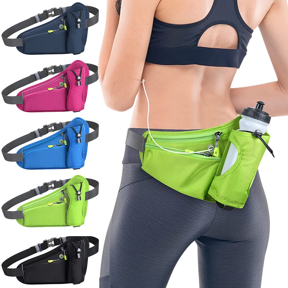 Tyuodna Running Belt with Water Bottle Holder,Ultra Light and Waterproof Waist Pack, with Reflective Strips and Headphone Hole Ideal Adjustable for Exercise, Travel Hiking & Outdoor Activities (Green)