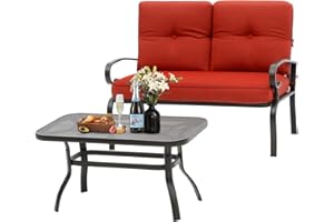 Oakcloud Outdoor 2 Pcs Patio Loveseat Bench Metal Frame Furniture Set with Thick Cushions and Coffee Table, Wrought Iron Look (Red)