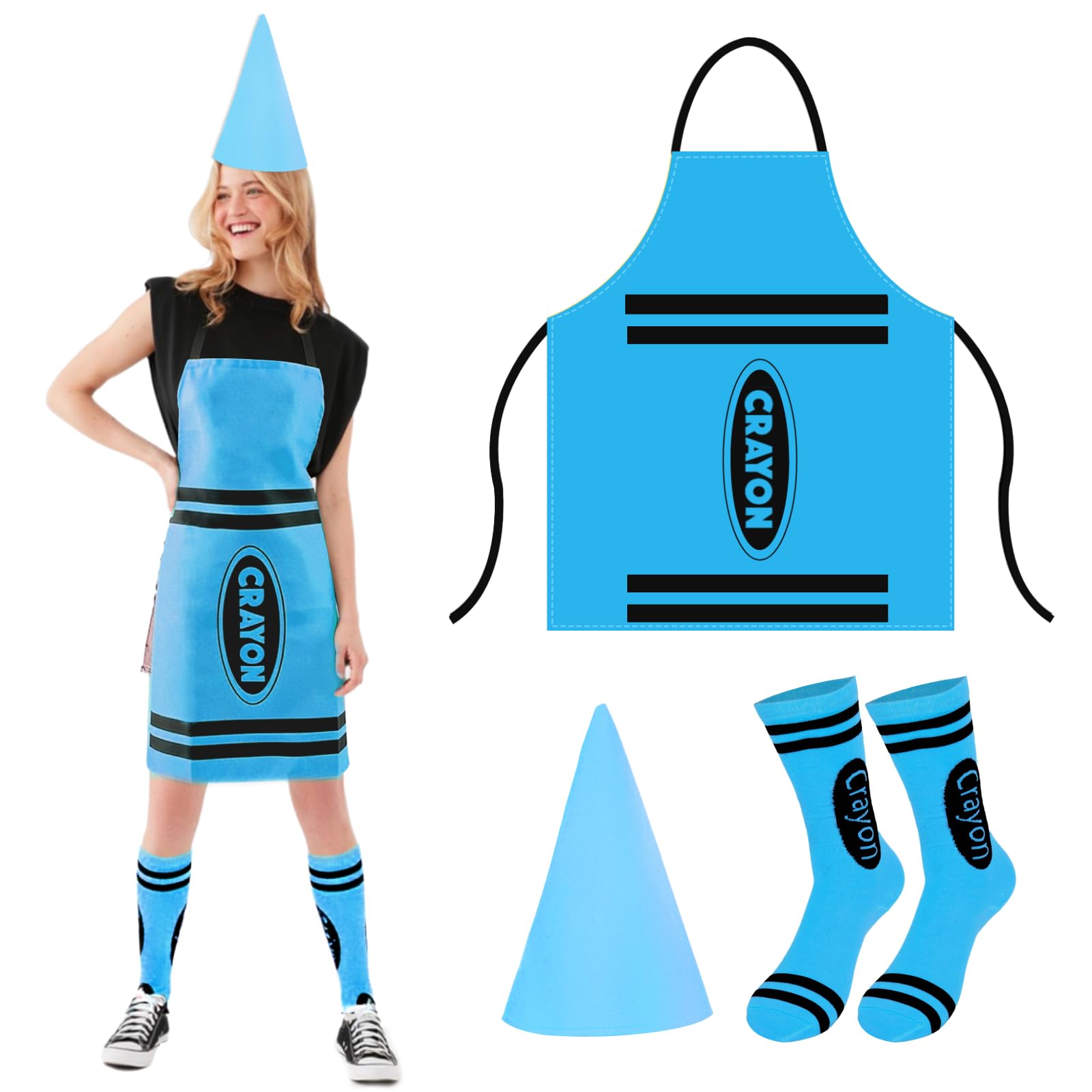 Crayon Costume Adult 3Pcs,Colorful Crayon Fancy Dress Include Crayon Apron, Funny Cone Hat And Striped Socks,Unisex World Book Day Costumes,Halloween Party Christmas Group Cosplay Outfits (Sky Blue) — image 1