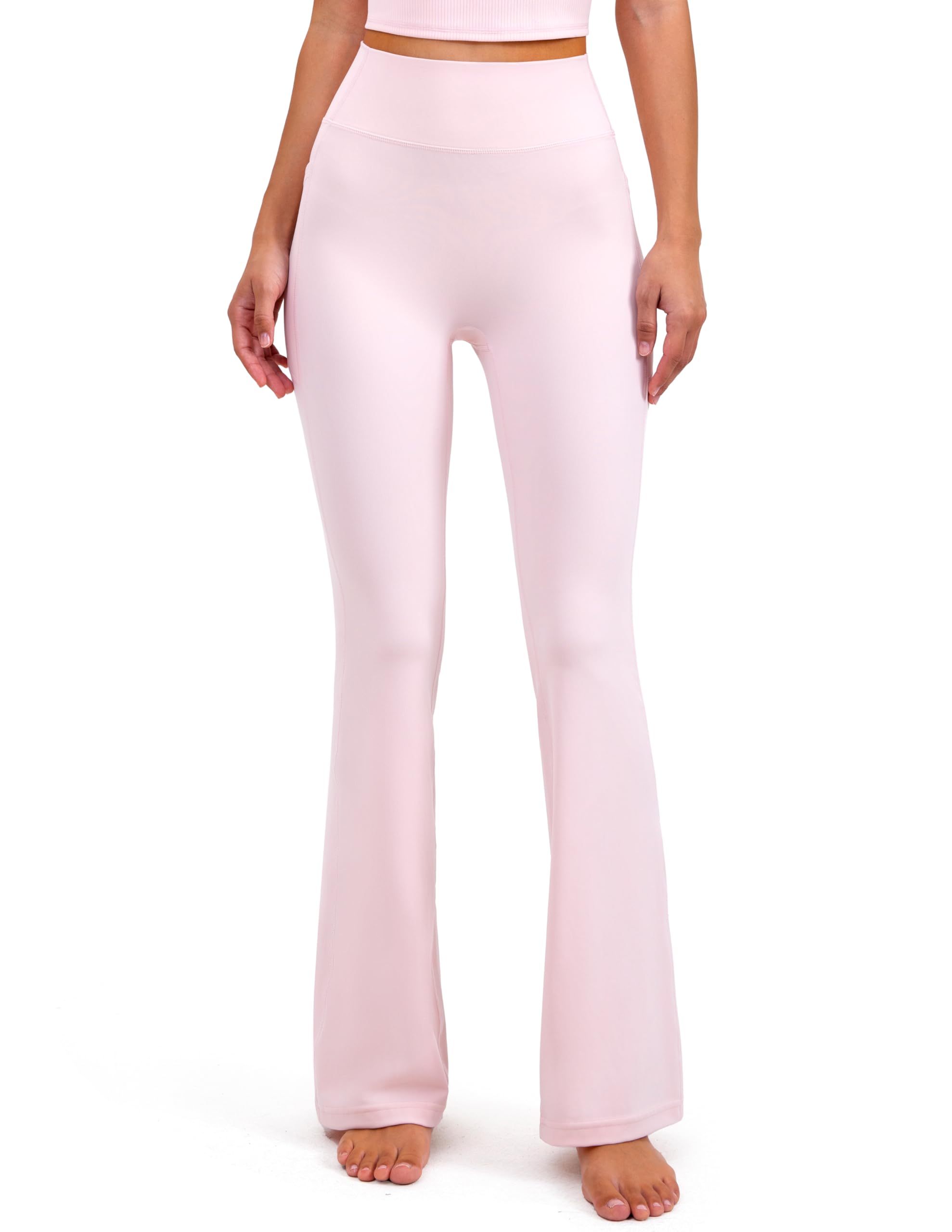 Condition photo showing As Is for yunoga flare leggings for women with pockets 30" inseam high waisted no front seam buttery soft gym