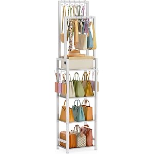 Tall Purse Organizer for Closet: 4-Tier Double Rods Purse Rack Stand,White | With 10 Purse Hanger & 6 Side Hooks, Visible Bac