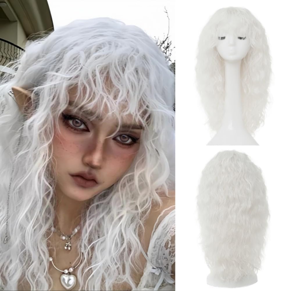 Salaibs White Wig with Bangs Anime Long Curly Wavy Wig Womens 24Inch Heat Resistant Synthetic Hair Wigs for Halloween Cosplay Costume Use — image 1