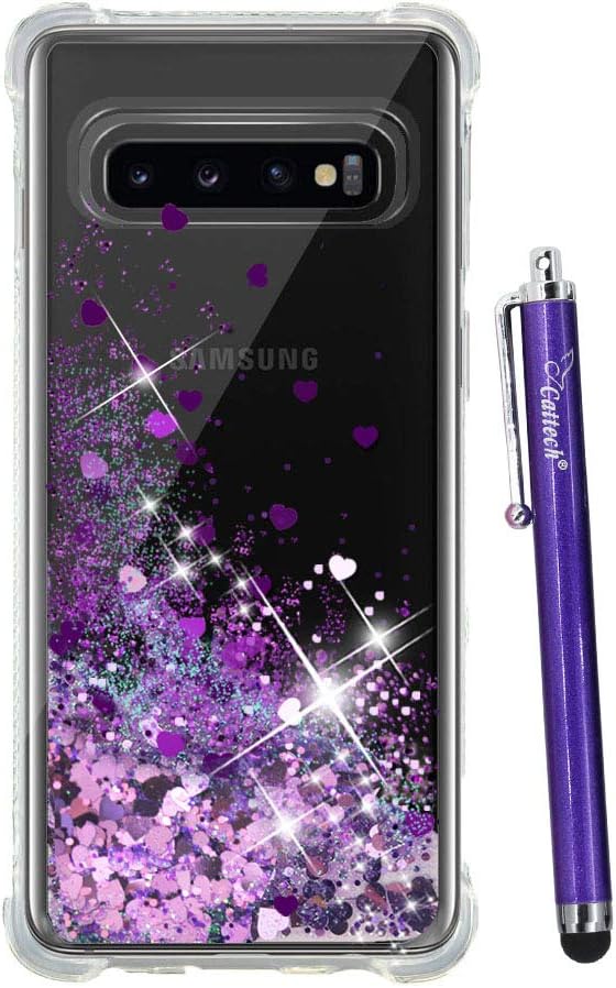 S10 Plus Glitter Case,S10 Plus Purple Case,Cattech Liquid Waterfall Flowing Sparkle Shiny Bling Luxury Pretty Fashion Cute Girls Women for Samsung Galaxy S10+/S10 Plus Case + Stylus