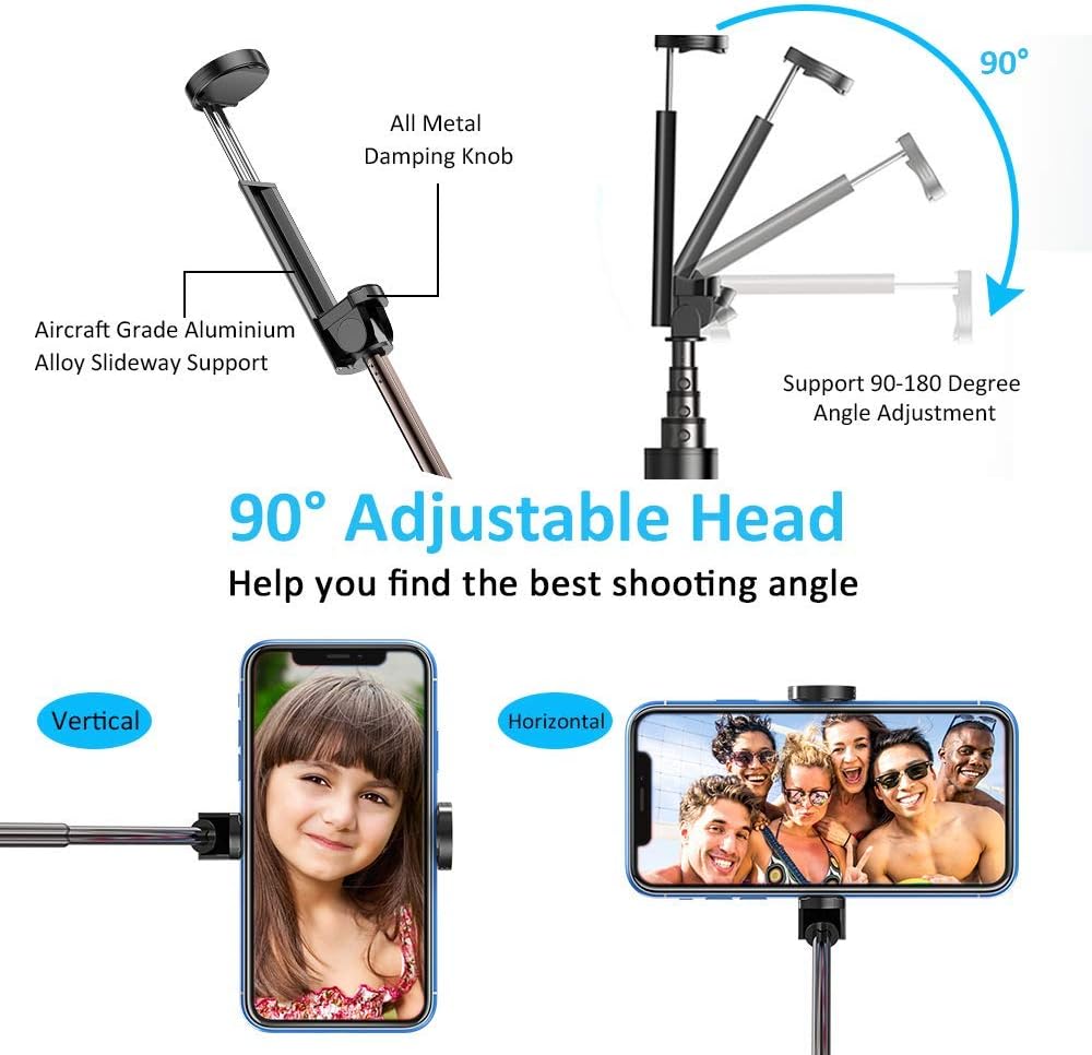 Vproof Selfie Stick Bluetooth, Lightweight Aluminum All in One Extendable Selfie Sticks Compact Design for iPhone 11 Pro Max/11 Pro/11/XS/XS Max/XR/X/8/8 Plus/7/6s/6, Galaxy S10/S9/S8/S7/S6/Note, More