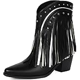 Women's Western Ankle Booties Pointed Toe Cowgirl Boots with Fringe Tassels or Sparkly Rhinestone Fashion Short Boots for Casual Daily Wear