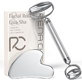 Rena Chris Gua Sha and Face Roller Set: Anti-Breakage Stainless Steel Roller for Long-Lasting Use, Jawline Sculpting and Puffiness Reducing, Gua Sha Facial Tools for Self Care Gift (Silver)