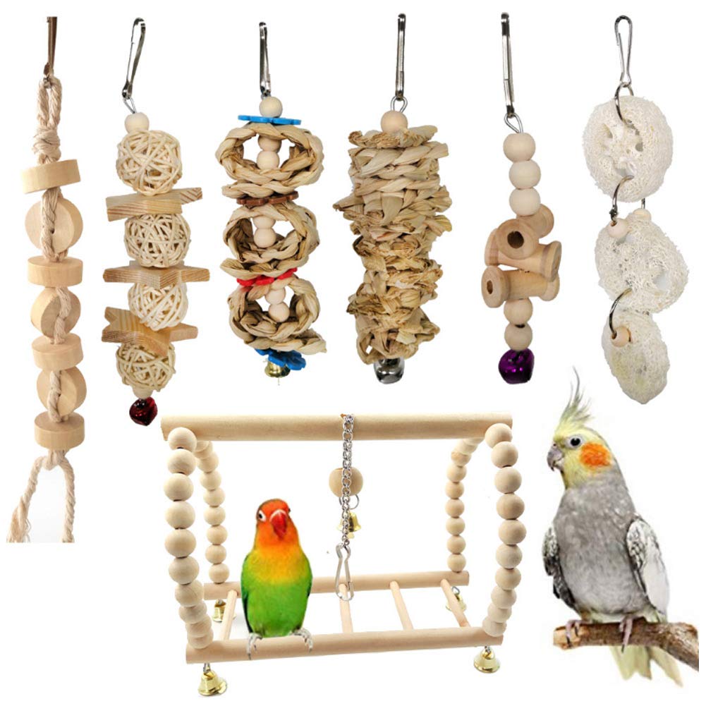 7Pcs Bird Toy Set - Chewing Toys, Hanging Cage Swing, Standing Climbing Perch for Parrots, Macaws, African Grey, Cockatiels, Budgies, Finches, Lorikeets
