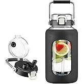 BLUEGO 84oz Glass Water Bottles with Sturdy Stainless Steel Handle, Large Water Bottle with Straw Sip & Chug Lid, 2.5L Water Jug Silicone Sleeve with Time, Daily Travel Sports, Black