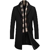 COOFANDY Men's Wool Blend Coat with Detachable Plaid Scarfs Notched Collar Single Breasted Pea Coat Trench Overcoat