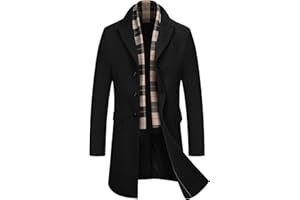 COOFANDY Men's Wool Blend Coat with Detachable Plaid Scarfs Notched Collar Single Breasted Pea Coat Trench Overcoat