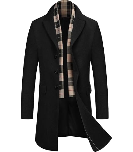 ZYXTIM Men's Wool Blend Coat with Detachable Plaid Scarfs Notched