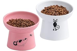 OMAYKEY Ceramic Raised Cat Bowls, Tilted Elevated Cat Food and Water Bowl Set, Porcelain Stress Free Pet Feeder Dish for Cats and Small Dogs, Dishwasher and Microwave Safe - White & Pink, Set of 2