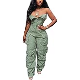 Tbahhir Women's Sexy Off Shoulder Tube Denim Cargo Jumpsuits Wide Leg Baggy Loose Jean Pants Rompers Overalls