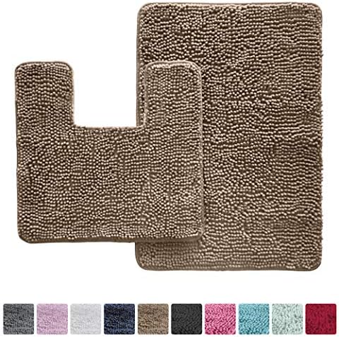 KANGAROO Original Shaggy Chenille Bathroom 2 Piece Rug Set Includes Mat Contoured for Toilet and 30x20 Carpet Mat, Machine Wash/Dry Mats, Absorbent, Plush Rugs for Kids Tub, Shower & Bath Room (Beige)