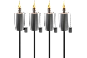Matney Stainless Steel Outdoor Torches - Decorative Garden & Yard Lights - 5 ft Oil Lamp for Citronella - Fiberglass Wick & Snuffer Cap - Set of 4 (Cylinder)