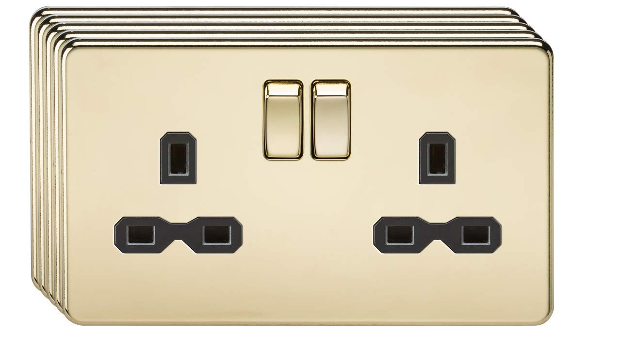 Knightsbridge Screwless 13A 2G DP switched socket - polished brass with black insert