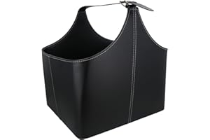 Large Black leather Firewood Storage Basket with Handle Log Kindling Holder Bin