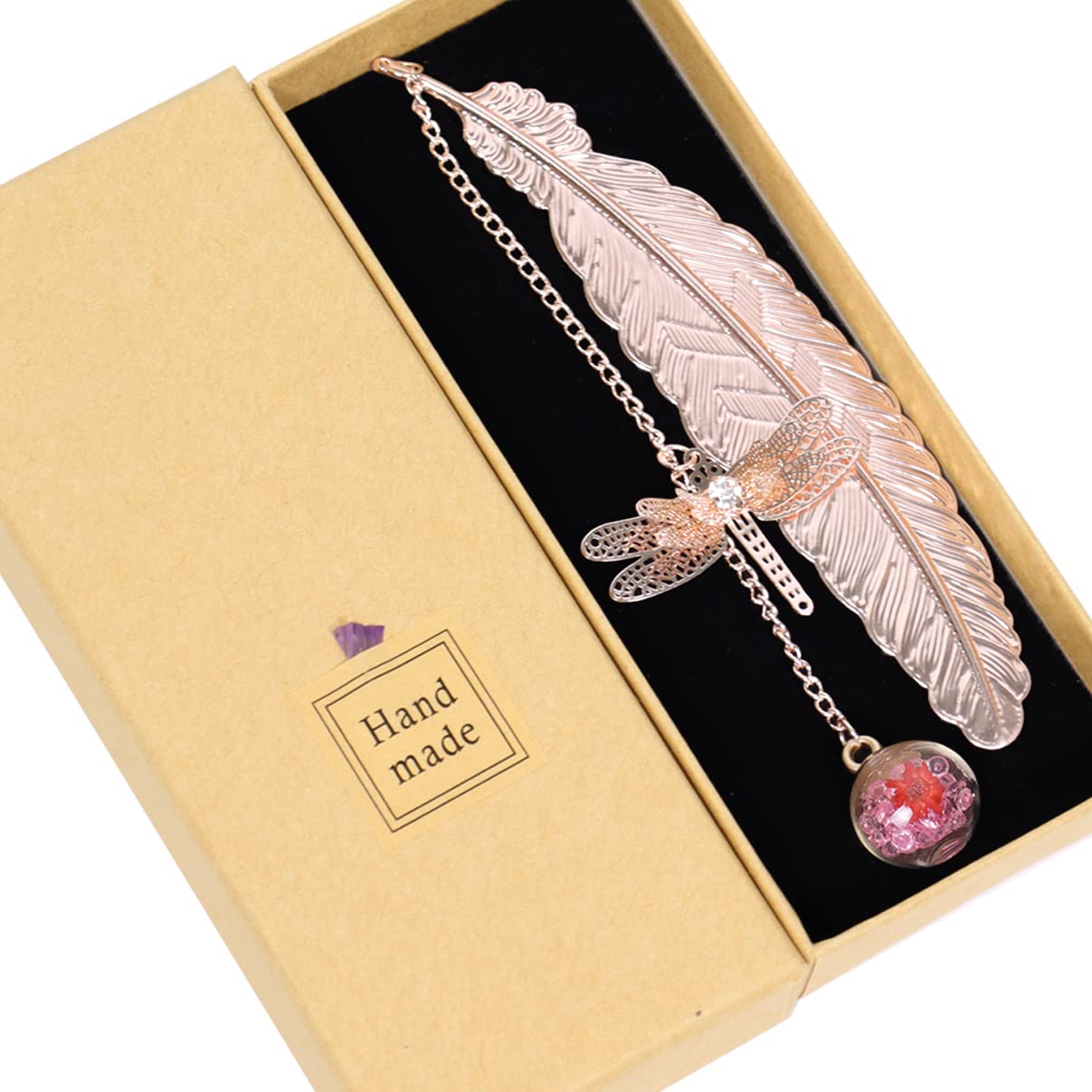 Nwvuop Metal Feather Bookmark with 3D Dragonfly Pendant, Rose Gold Feather Pink Ball, 1 Count