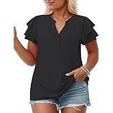 VISLILY Plus-Size-Summer-Tops for Women Cute Ruffle Short Sleeve T Shirts Notched V-Neck Tunics Button Down Blouses XL-5XL