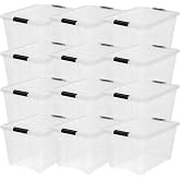 IRIS USA 54 Qt Stackable Plastic Storage Bins with Lids, 12 Pack - BPA-Free, Made in USA - See-Through Organizing Solution, Latches, Durable Nestable Containers, Secure Pull Handle - Clear