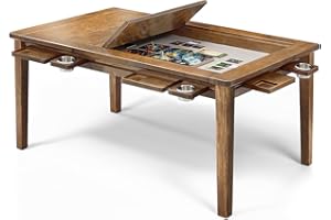 Coperat Solid Wood Board Game Table for 4-6 Players,Dining/Gaming Table w/ 54"x31" Big Gaming Space and Removable Top,Includes Game Mat, 6*Cup Holders & Hobby Tray, Light Walnut