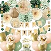 Sage Green Birthday Decorations Neutral Happy Birthday Party Decorations Retro Green Nude Ivory Balloons Sage Paper Pom Poms for Girls Women Birthday Party Decor