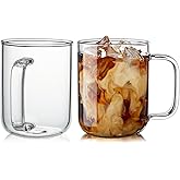 BWODYAY Glass Coffee Mugs, 12 oz iced coffee cups, Clear Tea Cups Set of 2, Glass Mugs with Handles, Glass Cups for Latte, Cappuccino, and Tea