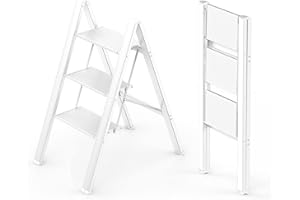 WOA WOA 3 Step Ladder, Foldable Step Stool, Aluminum Lightweight Ladder for Home Kitchen Closet, Anti-Slip Pedals, Ease of Folding, Portable, 300lbs Capacity - White