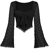 SOLY HUX Women's Long Bell Sleeve Tops Mesh Sweetheart Neck Going Out Crop Top Casual Asymmetrical T Shirts Tees