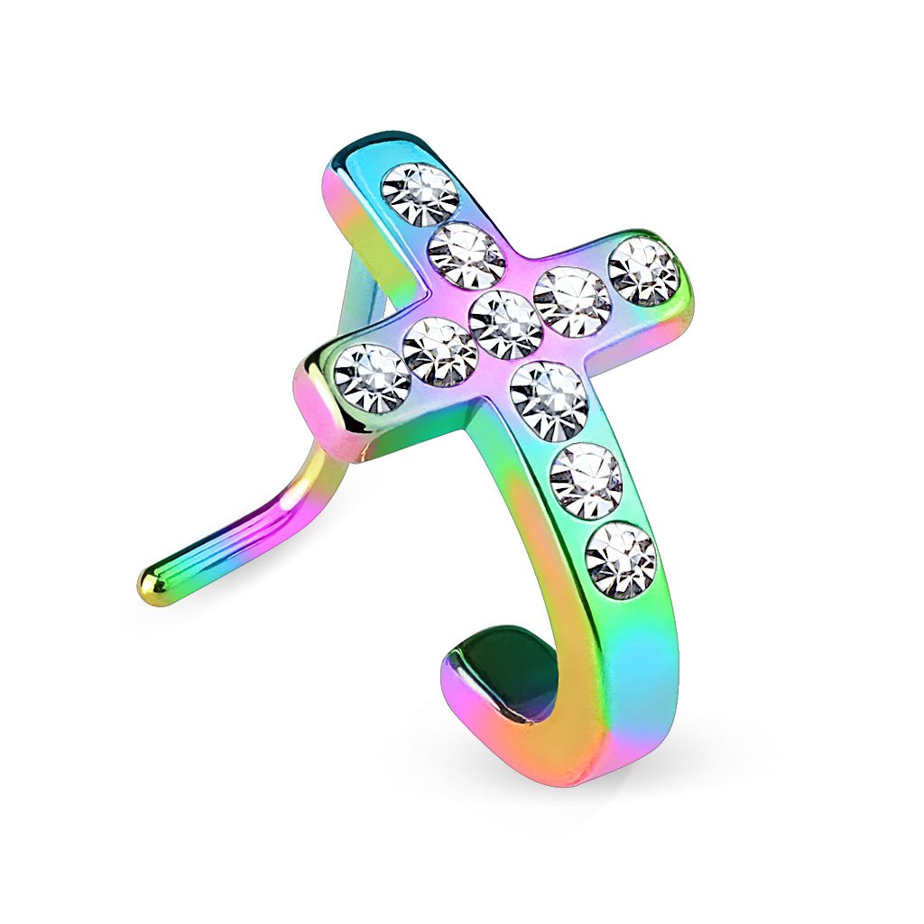 PiercedOff Rainbow IP over 316L Surgical Steel L Bend Nose Stud with Pave Crystal Cross with Clear CZ Gems - Thickness 20GA (0.8mm) / Length 6mm / Cross Size 10mm