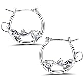 Cat Earrings for Women Sterling Silver Cat Huggie Hoop Earrings with CZ Heart Cute Animal Kitten Pet Hoop Earrings Hypoallergenic Cat Jewelry Gifts Cat Lovers Daughter Birthday