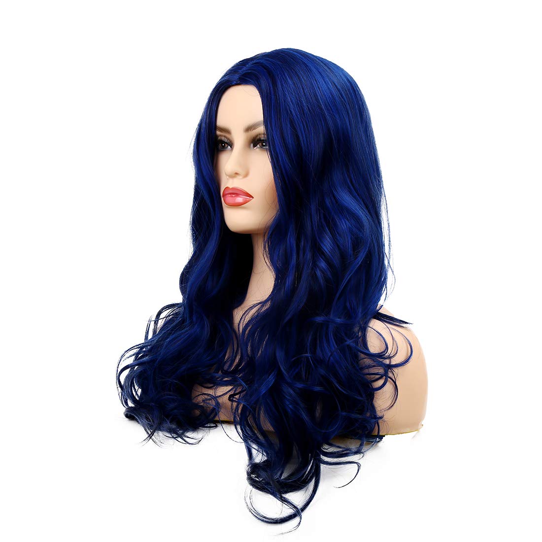 Sallcks Womens Long Curly Wavy Blue Wigs Synthetic Fiber Replacement Full Wigs with Wig Cap