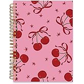 ISANOU Red Cherry Bow Notebook,Coquette Aesthetic Lined Spiral Notebook Hardcover,College Ruled Notebook,Office School Journal Notebook for Work,5.5x8.3 Inch 80 Pages,Gifts for Women Teen Girl