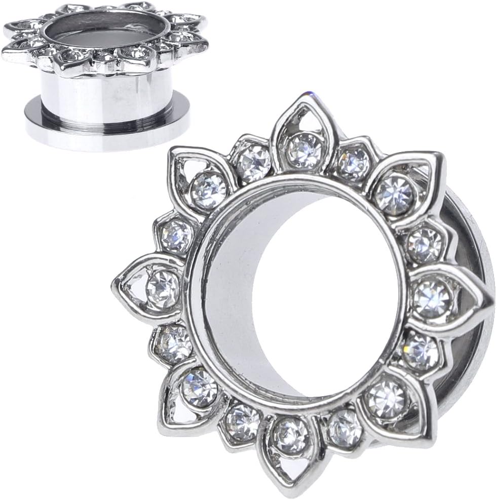 soscene Silver Lotus Stainless Steel Silver Clear Crystal Gems Screw Back Ear Plugs Gauges Sold in Pairs