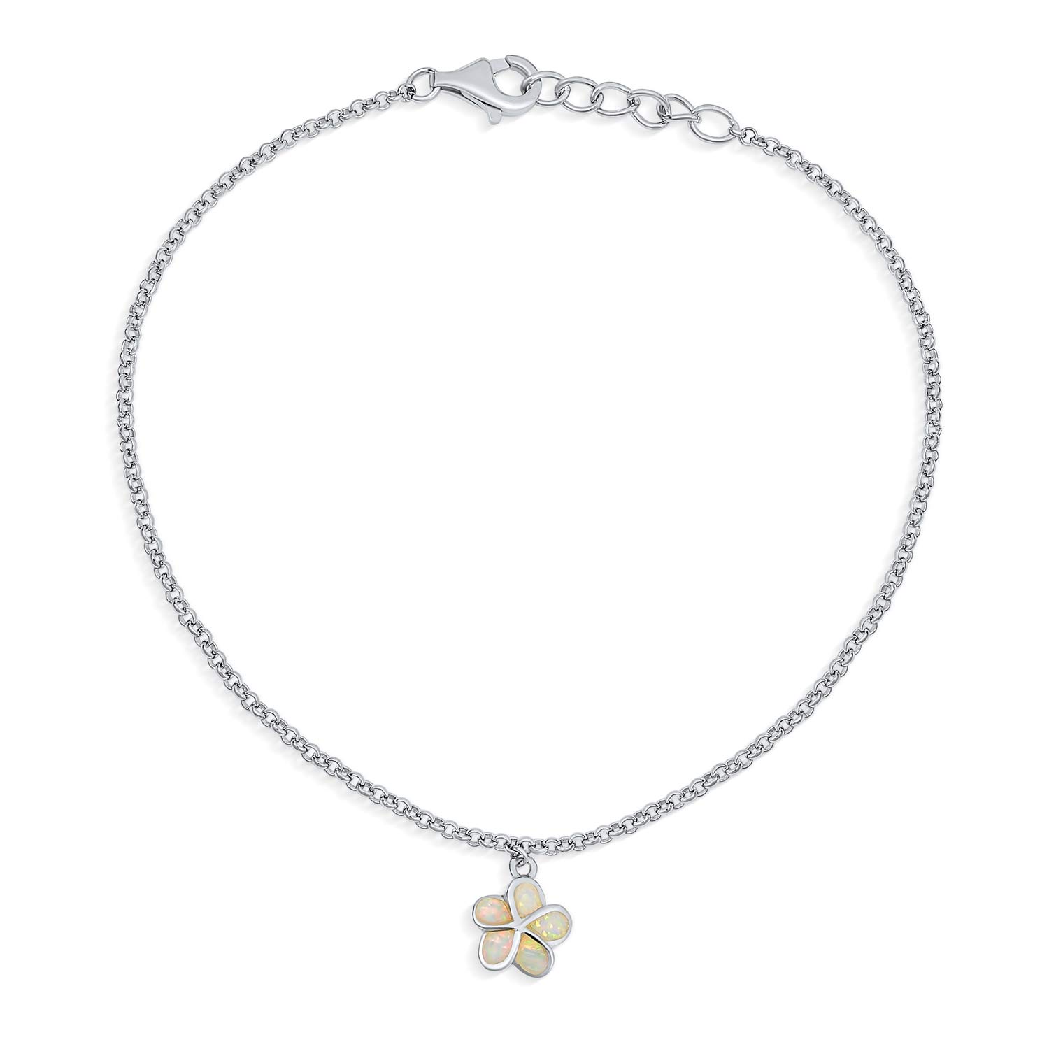 Bling Jewelry Created White Opal Inlay Plumeria Flower Anklet Link Chain Ankle Bracelet For Women Sterling Silver Adjustable