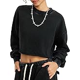 KEEPSHOWING Women's Acid Wash Casual Long Sleeve Crop Sweatshirt Crewneck Vintage Drop Shoulder Pullover Fleece Tops
