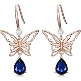925 Sterling Silver 18K Rose Gold Plated Butterfly Dangle Earrings, Blue Sapphire Teardrop Birthstone Earrings, Filigree Animal Jewelry for Women