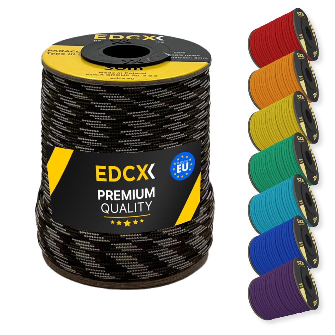 EDCX 4mm Nylon Paracord 550 30m (100 feet) | Ideal for Camping, Survival, Outdoor, Crafting, DIY | 100% Nylon Rope 4mm | Paracord 550 Type III in Solid Color (Mix Camo, 30 m)