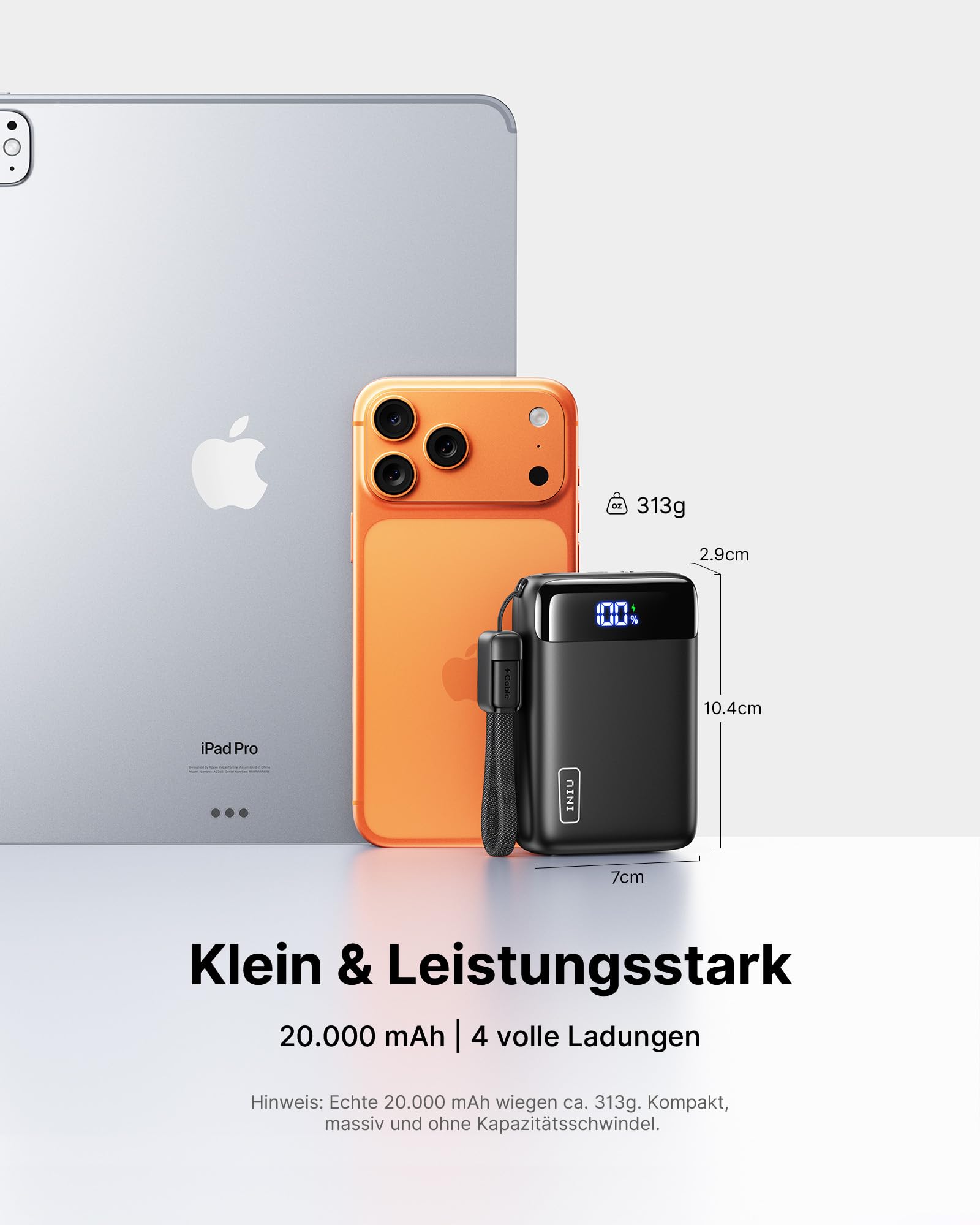 INIU Ultra Klein 20000mAh Power Bank, 22.5W Schnellladung PowerBank mit Abnehmbar USB C Kabel, Flugtauglich & Reise-Essential, Externe Handyakkus für iPhone 17 16 15 Pro, Samsung S25, Xiaomi, iPad etc 2