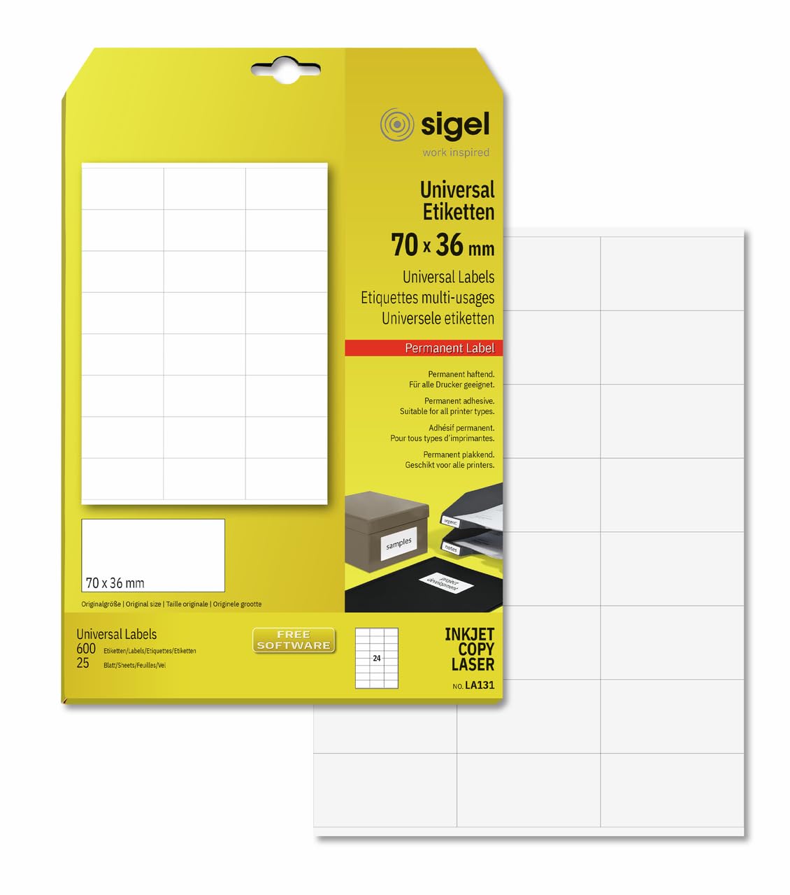 SIGEL LA131 Universal Permanent Labels, White, 7 x 3.6 cm, 600 lbl equal to 25 sheets, White