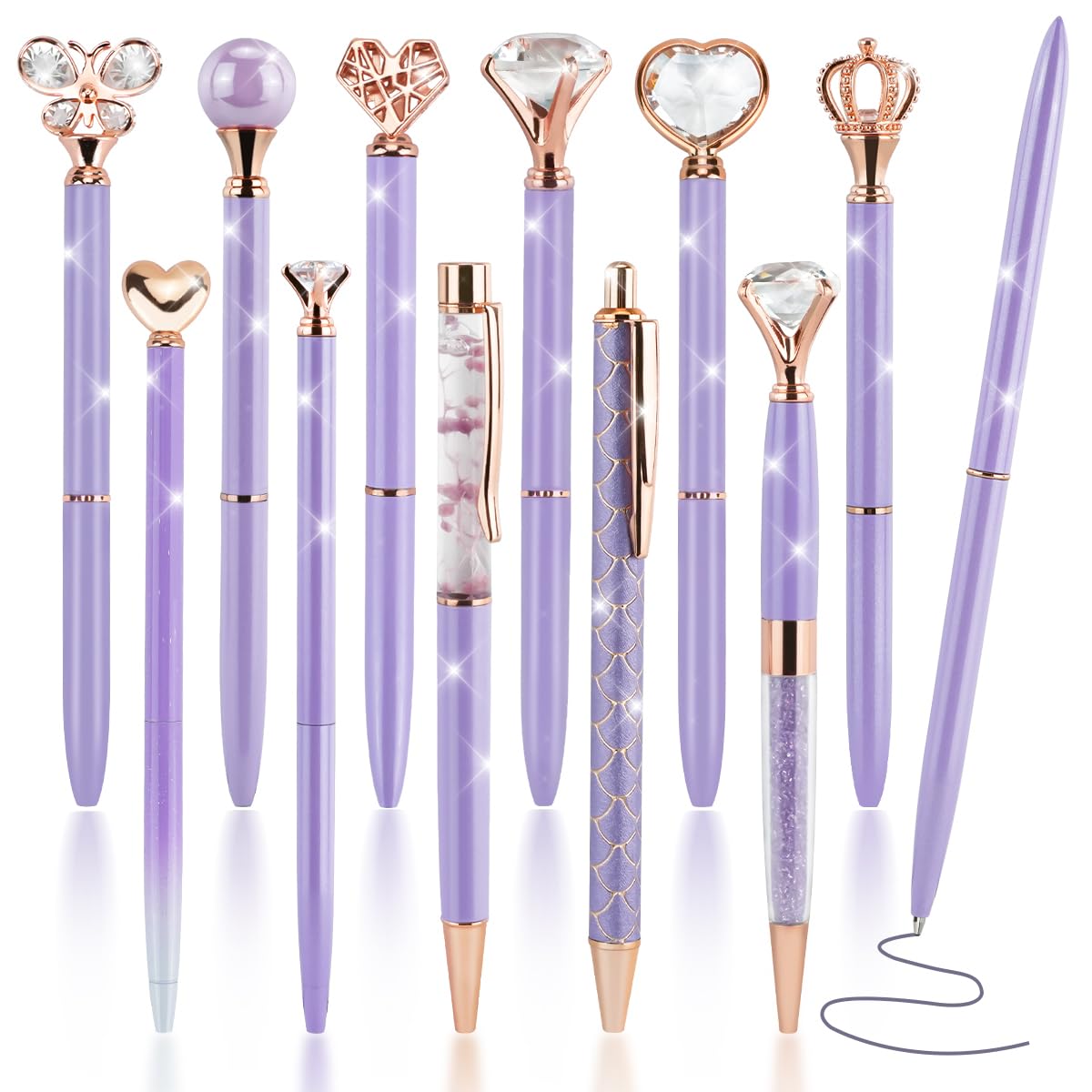 IBEQUEM 12Pcs Purple Ballpoint Pen Set, Metal Crystal Diamond Pen, Crown Design for Women Girls Teacher School Office Home