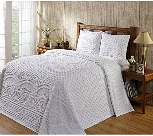 3pc Oversized Chenille King Bedspread Set White, 120 X 110, Elegant, Vintage &amp; Rustic Cottage Country Appeal, Geometric Contemporary Stylish Design
